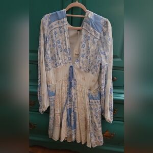 Free People Blue and White Long Sleeve Dress